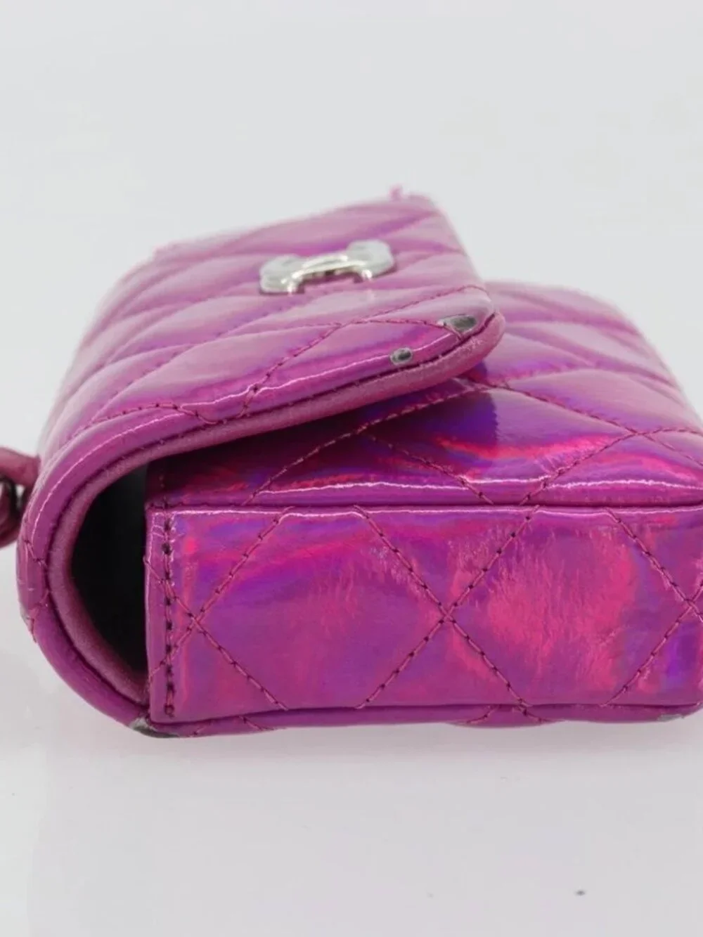 CHANEL Matelasse Carabiner Pouch Patent leather Pink Silver CC Auth YKZ1380A